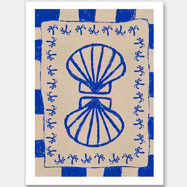 Symmetrical blue shell motif with palm-like flourishes, framed by a blue and cream checkered border on a neutral base, from the Shatha collection with Urban Road.