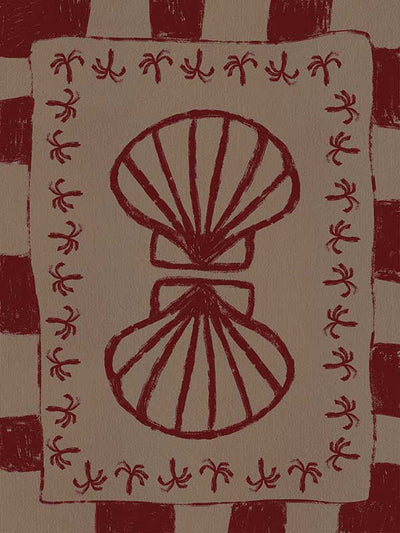 Mirrored burgundy seashell design with curved botanical accents, set on a brown background with a bold burgundy striped border, from the Shatha collection with Urban Road.