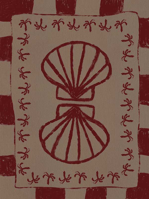 Mirrored burgundy seashell design with curved botanical accents, set on a brown background with a bold burgundy striped border, from the Shatha collection with Urban Road.