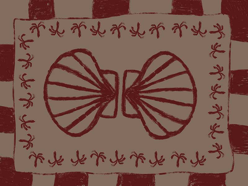 Mirrored burgundy seashell design with curved botanical accents, set on a brown background with a bold burgundy striped border, from the Shatha collection with Urban Road.