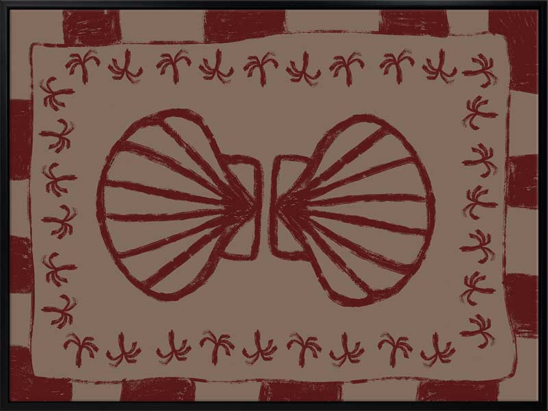 Mirrored burgundy seashell design with curved botanical accents, set on a brown background with a bold burgundy striped border, from the Shatha collection with Urban Road.