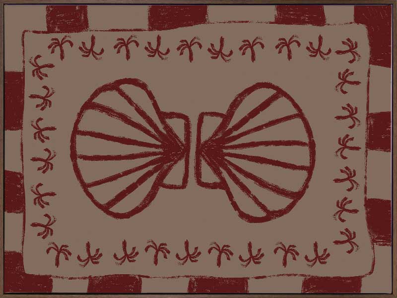 Mirrored burgundy seashell design with curved botanical accents, set on a brown background with a bold burgundy striped border, from the Shatha collection with Urban Road.