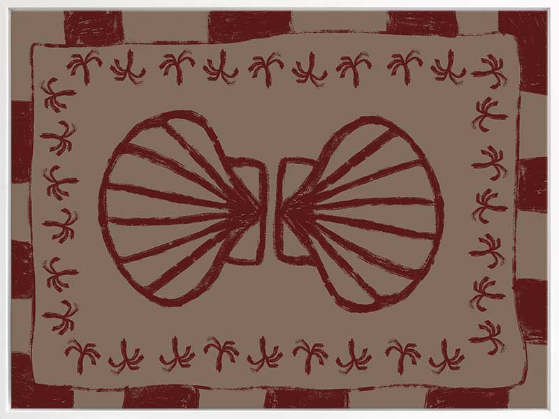 Mirrored burgundy seashell design with curved botanical accents, set on a brown background with a bold burgundy striped border, from the Shatha collection with Urban Road.