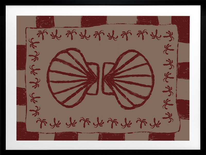 Mirrored burgundy seashell design with curved botanical accents, set on a brown background with a bold burgundy striped border, from the Shatha collection with Urban Road.
