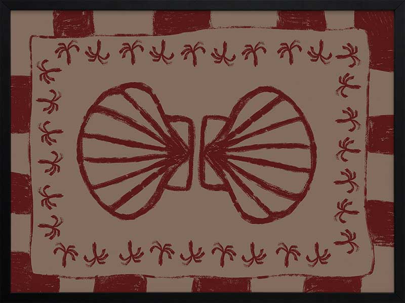 Mirrored burgundy seashell design with curved botanical accents, set on a brown background with a bold burgundy striped border, from the Shatha collection with Urban Road.