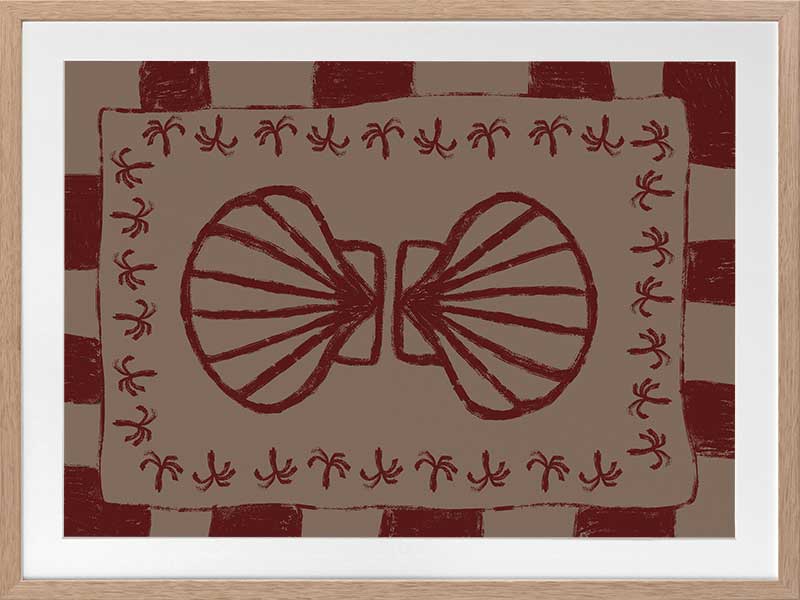 Mirrored burgundy seashell design with curved botanical accents, set on a brown background with a bold burgundy striped border, from the Shatha collection with Urban Road.