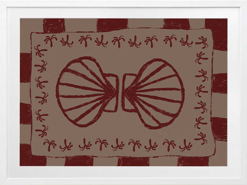 Mirrored burgundy seashell design with curved botanical accents, set on a brown background with a bold burgundy striped border, from the Shatha collection with Urban Road.