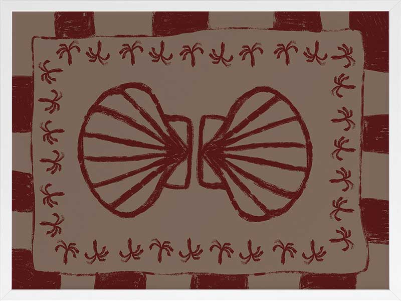Mirrored burgundy seashell design with curved botanical accents, set on a brown background with a bold burgundy striped border, from the Shatha collection with Urban Road.
