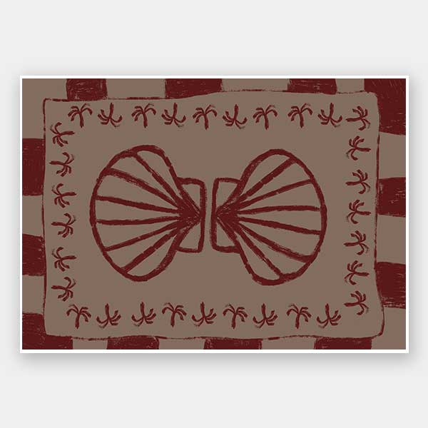 Mirrored burgundy seashell design with curved botanical accents, set on a brown background with a bold burgundy striped border, from the Shatha collection with Urban Road.