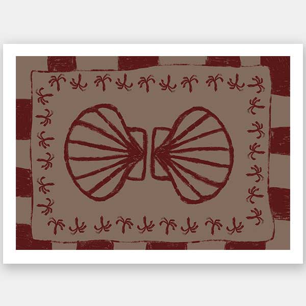 Mirrored burgundy seashell design with curved botanical accents, set on a brown background with a bold burgundy striped border, from the Shatha collection with Urban Road.