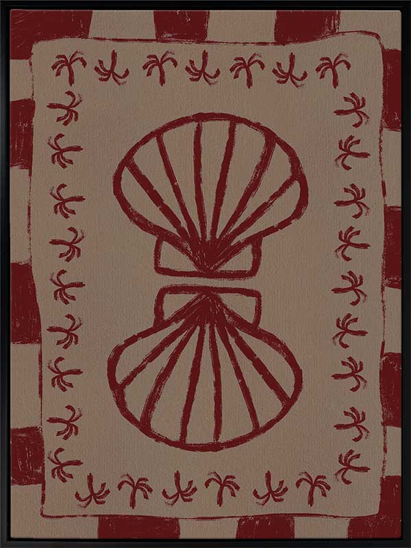 Mirrored burgundy seashell design with curved botanical accents, set on a brown background with a bold burgundy striped border, from the Shatha collection with Urban Road.