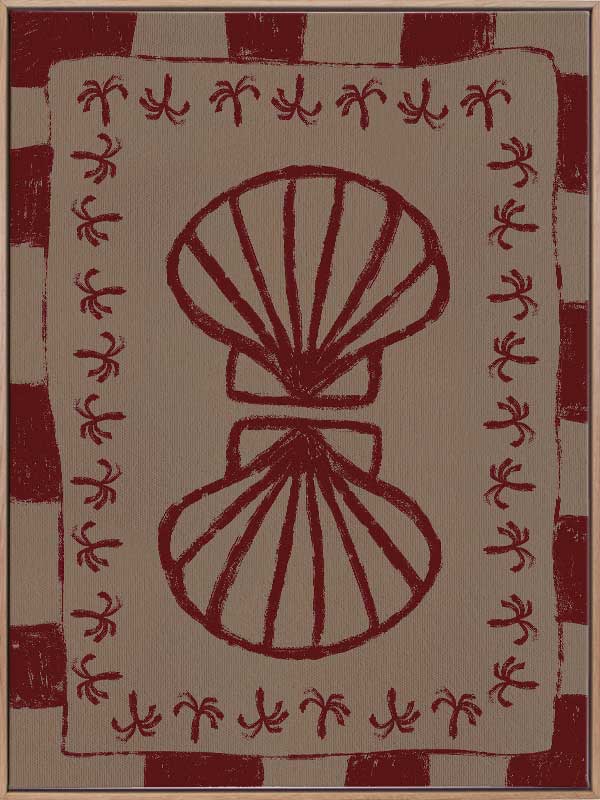 Mirrored burgundy seashell design with curved botanical accents, set on a brown background with a bold burgundy striped border, from the Shatha collection with Urban Road.