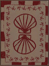 Mirrored burgundy seashell design with curved botanical accents, set on a brown background with a bold burgundy striped border, from the Shatha collection with Urban Road.