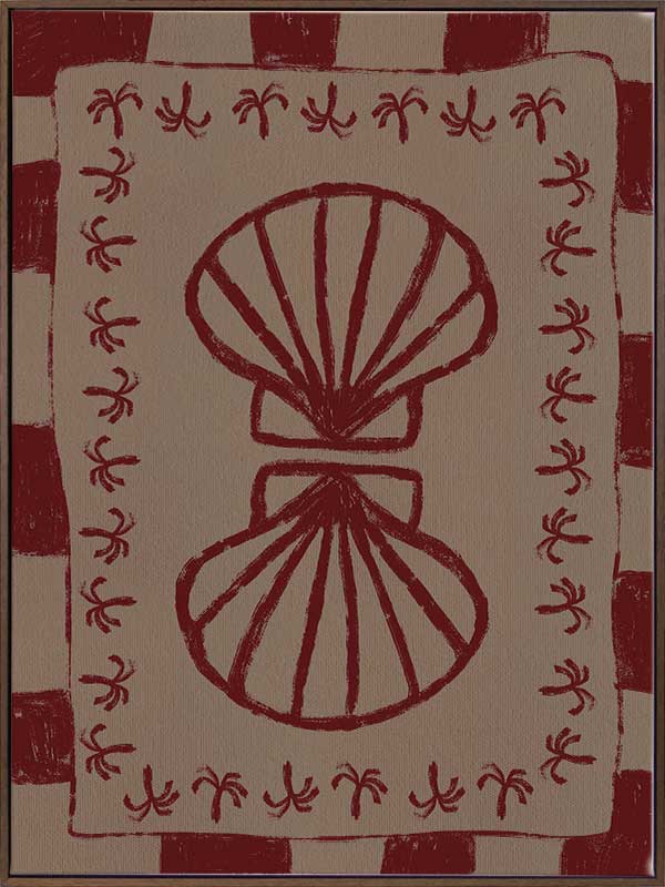 Mirrored burgundy seashell design with curved botanical accents, set on a brown background with a bold burgundy striped border, from the Shatha collection with Urban Road.