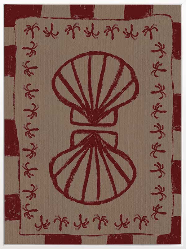 Mirrored burgundy seashell design with curved botanical accents, set on a brown background with a bold burgundy striped border, from the Shatha collection with Urban Road.