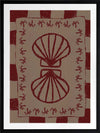 Mirrored burgundy seashell design with curved botanical accents, set on a brown background with a bold burgundy striped border, from the Shatha collection with Urban Road.
