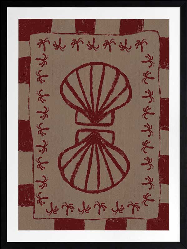Mirrored burgundy seashell design with curved botanical accents, set on a brown background with a bold burgundy striped border, from the Shatha collection with Urban Road.