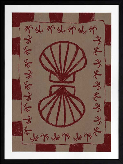 Mirrored burgundy seashell design with curved botanical accents, set on a brown background with a bold burgundy striped border, from the Shatha collection with Urban Road.