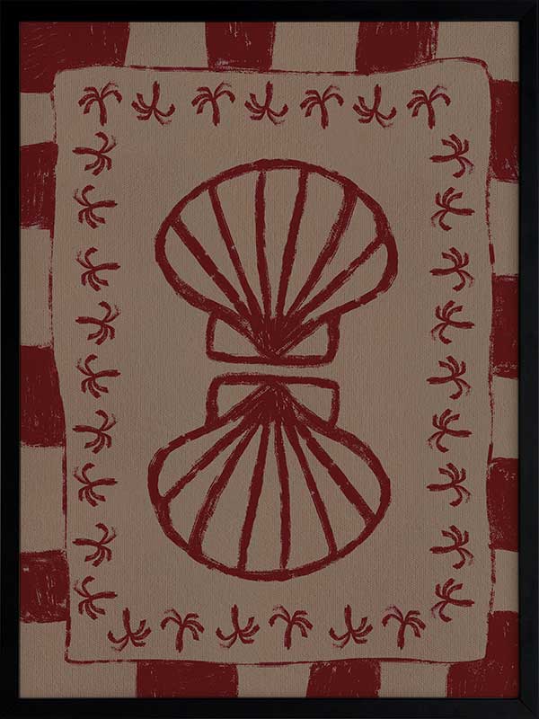 Mirrored burgundy seashell design with curved botanical accents, set on a brown background with a bold burgundy striped border, from the Shatha collection with Urban Road.