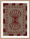 Mirrored burgundy seashell design with curved botanical accents, set on a brown background with a bold burgundy striped border, from the Shatha collection with Urban Road.