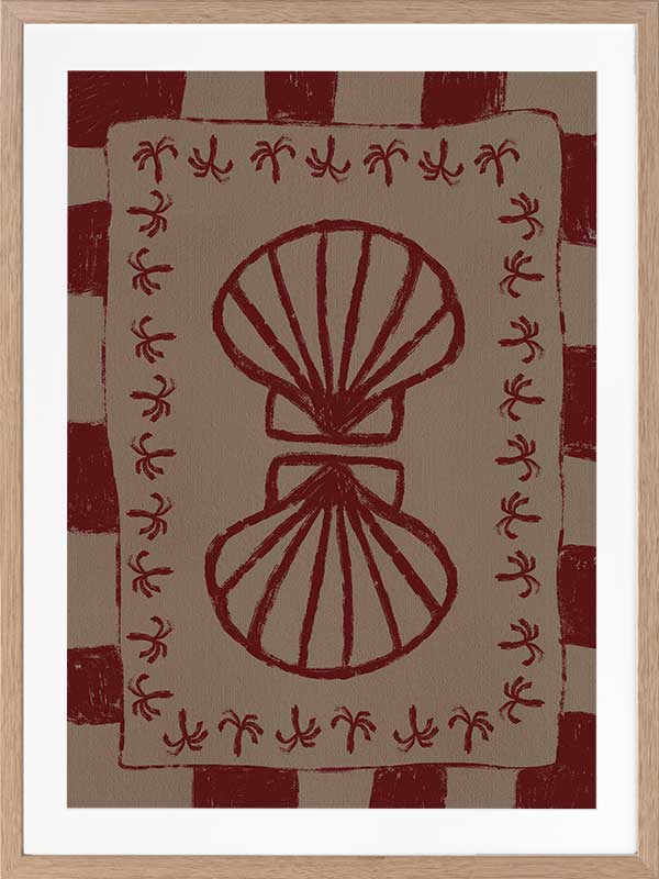 Mirrored burgundy seashell design with curved botanical accents, set on a brown background with a bold burgundy striped border, from the Shatha collection with Urban Road.