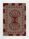 Mirrored burgundy seashell design with curved botanical accents, set on a brown background with a bold burgundy striped border, from the Shatha collection with Urban Road.