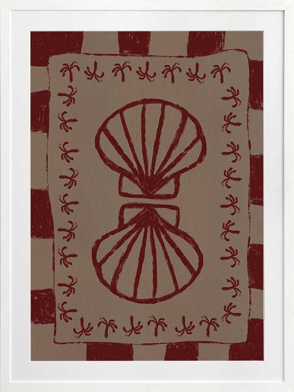 Mirrored burgundy seashell design with curved botanical accents, set on a brown background with a bold burgundy striped border, from the Shatha collection with Urban Road.