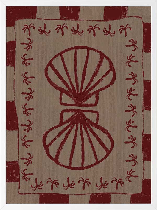 Mirrored burgundy seashell design with curved botanical accents, set on a brown background with a bold burgundy striped border, from the Shatha collection with Urban Road.