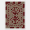 Mirrored burgundy seashell design with curved botanical accents, set on a brown background with a bold burgundy striped border, from the Shatha collection with Urban Road.