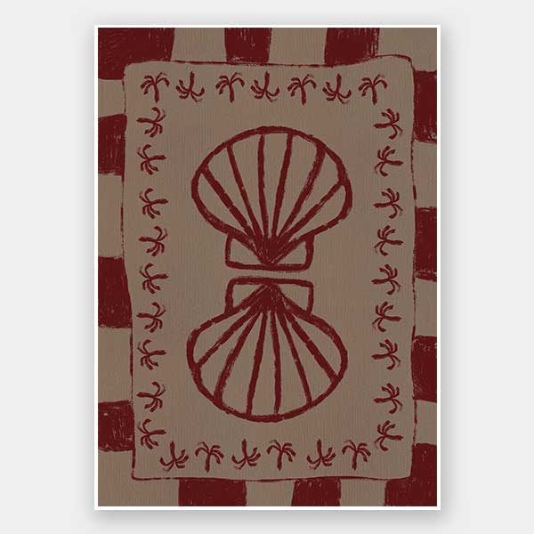 Mirrored burgundy seashell design with curved botanical accents, set on a brown background with a bold burgundy striped border, from the Shatha collection with Urban Road.