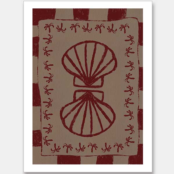 Mirrored burgundy seashell design with curved botanical accents, set on a brown background with a bold burgundy striped border, from the Shatha collection with Urban Road.