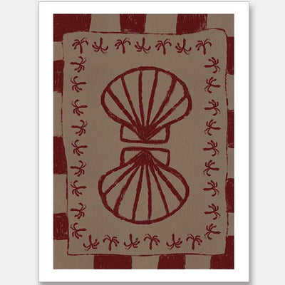 Mirrored burgundy seashell design with curved botanical accents, set on a brown background with a bold burgundy striped border, from the Shatha collection with Urban Road.