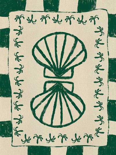 Vibrant green twin-shell illustration with decorative coral-like detailing, framed in green and cream stripes, from the Shatha collection with Urban Road.