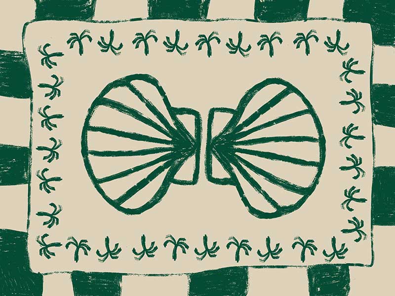 Vibrant green twin-shell illustration with decorative coral-like detailing, framed in green and cream stripes, from the Shatha collection with Urban Road.