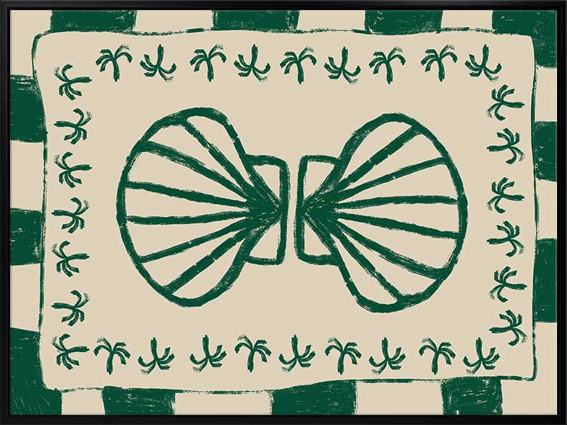 Vibrant green twin-shell illustration with decorative coral-like detailing, framed in green and cream stripes, from the Shatha collection with Urban Road.