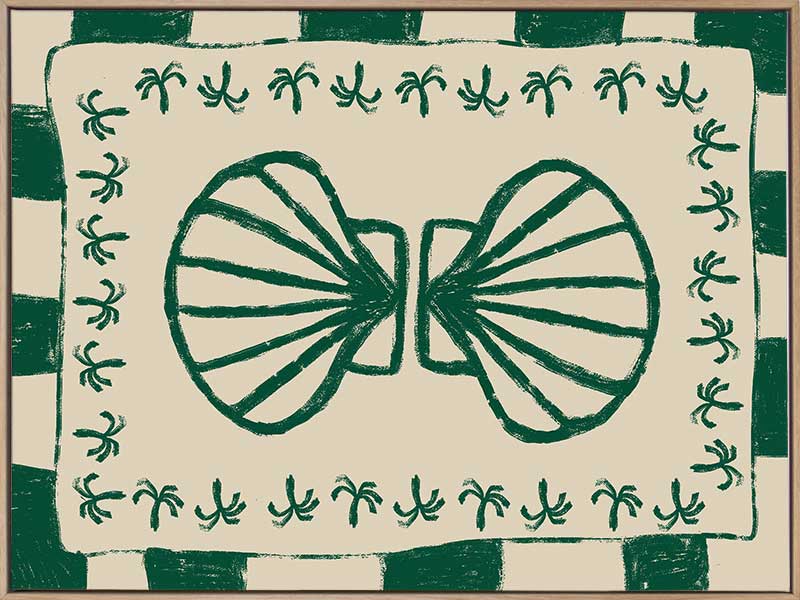 Vibrant green twin-shell illustration with decorative coral-like detailing, framed in green and cream stripes, from the Shatha collection with Urban Road.