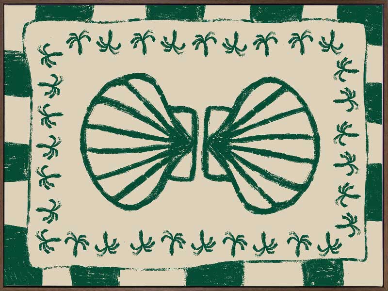 Vibrant green twin-shell illustration with decorative coral-like detailing, framed in green and cream stripes, from the Shatha collection with Urban Road.