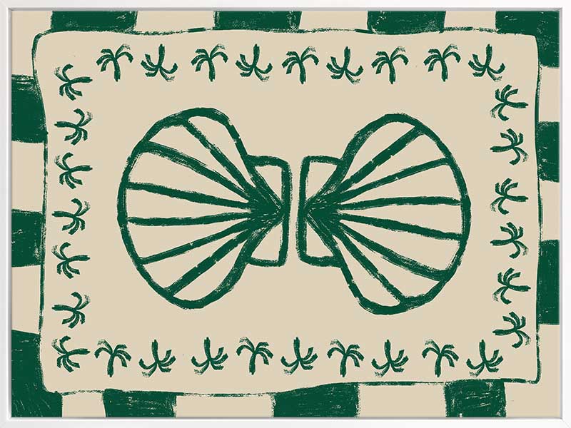 Vibrant green twin-shell illustration with decorative coral-like detailing, framed in green and cream stripes, from the Shatha collection with Urban Road.