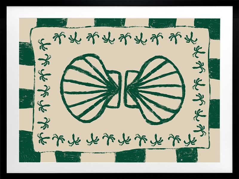 Vibrant green twin-shell illustration with decorative coral-like detailing, framed in green and cream stripes, from the Shatha collection with Urban Road.