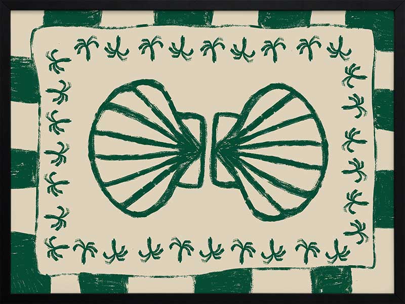 Vibrant green twin-shell illustration with decorative coral-like detailing, framed in green and cream stripes, from the Shatha collection with Urban Road.
