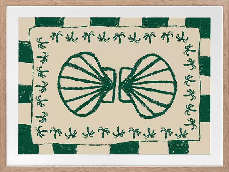 Vibrant green twin-shell illustration with decorative coral-like detailing, framed in green and cream stripes, from the Shatha collection with Urban Road.
