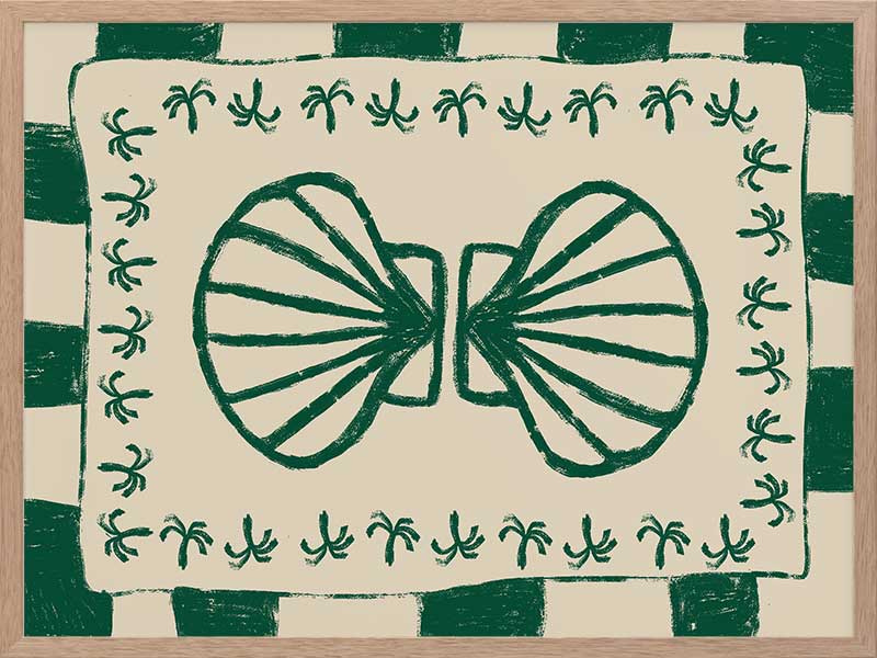 Vibrant green twin-shell illustration with decorative coral-like detailing, framed in green and cream stripes, from the Shatha collection with Urban Road.