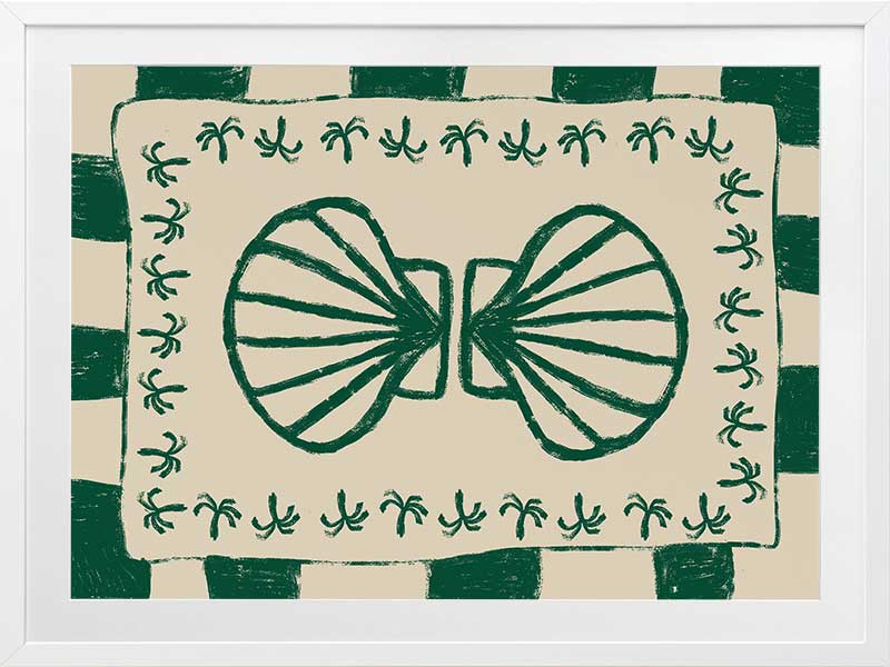 Vibrant green twin-shell illustration with decorative coral-like detailing, framed in green and cream stripes, from the Shatha collection with Urban Road.