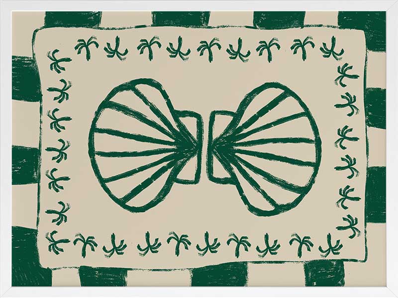 Vibrant green twin-shell illustration with decorative coral-like detailing, framed in green and cream stripes, from the Shatha collection with Urban Road.