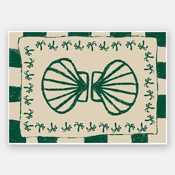 Vibrant green twin-shell illustration with decorative coral-like detailing, framed in green and cream stripes, from the Shatha collection with Urban Road.