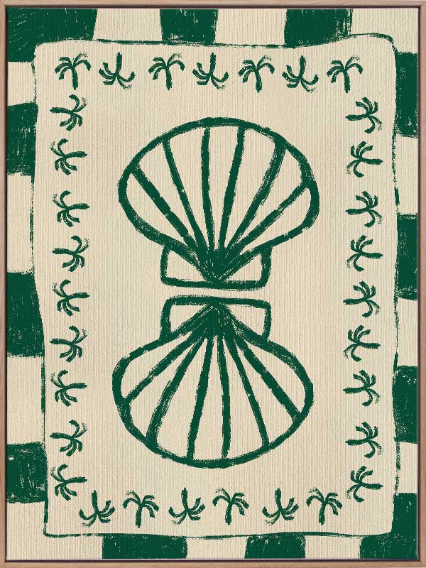 Vibrant green twin-shell illustration with decorative coral-like detailing, framed in green and cream stripes, from the Shatha collection with Urban Road.