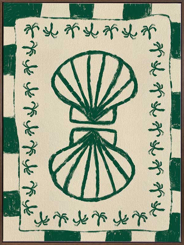 Vibrant green twin-shell illustration with decorative coral-like detailing, framed in green and cream stripes, from the Shatha collection with Urban Road.