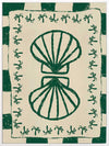 Vibrant green twin-shell illustration with decorative coral-like detailing, framed in green and cream stripes, from the Shatha collection with Urban Road.
