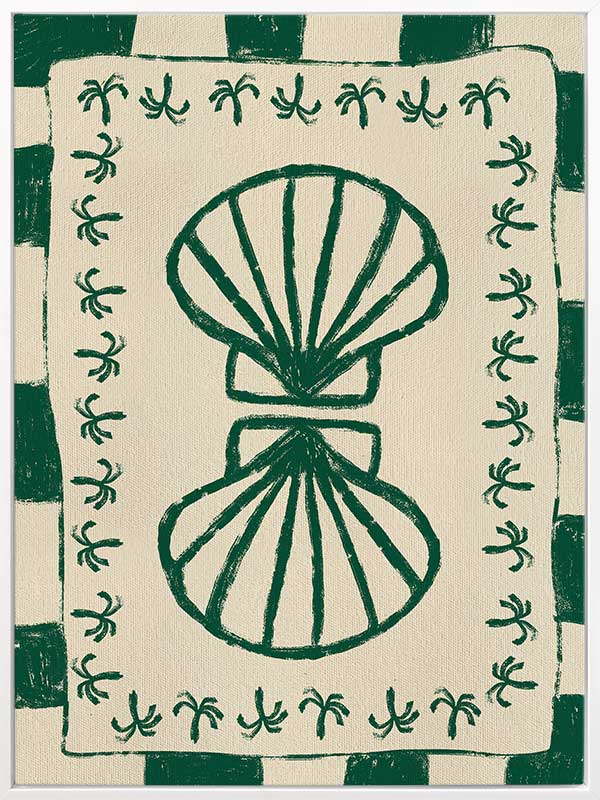 Vibrant green twin-shell illustration with decorative coral-like detailing, framed in green and cream stripes, from the Shatha collection with Urban Road.