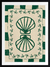 Vibrant green twin-shell illustration with decorative coral-like detailing, framed in green and cream stripes, from the Shatha collection with Urban Road.